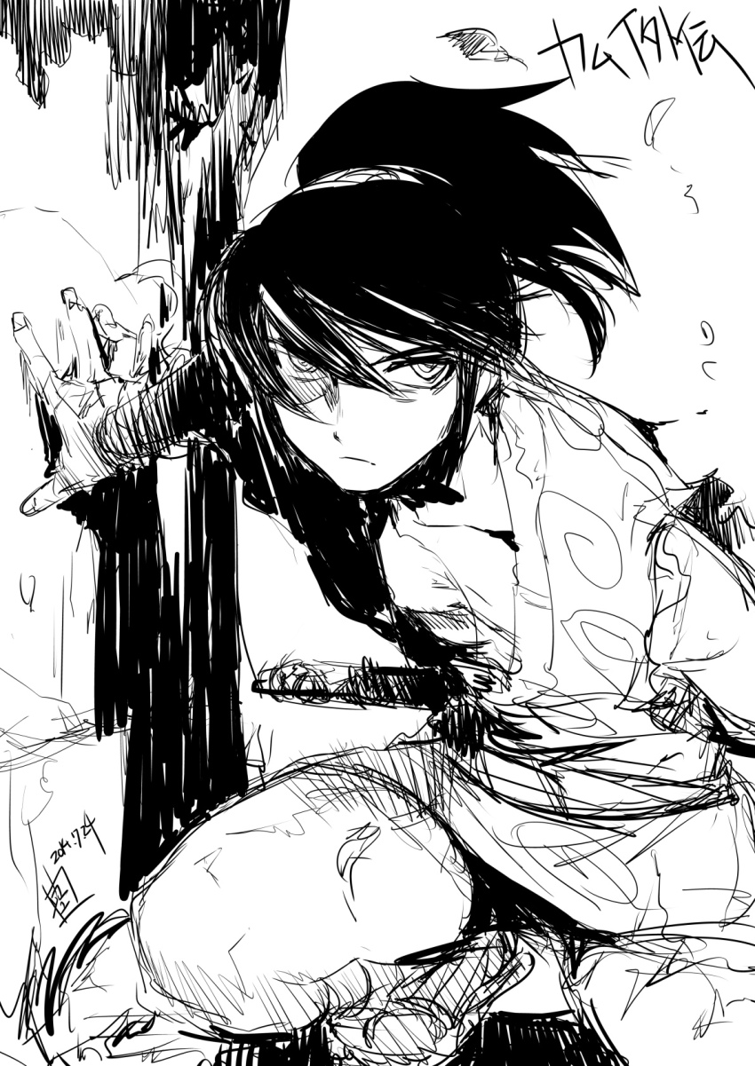 1boy, androgynous, greyscale, highres, inoue_sora, kamui_gaiden, male_focus, monochrome, ninja, ponytail, sketch, solo, white_background