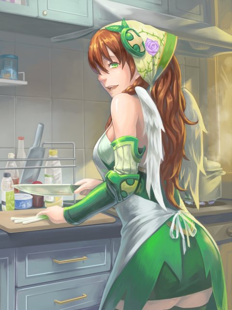 1girl, adapted_costume, alternate_color, apron, brown_hair, food, green_eyes, green_valkyrie_(p&amp;d)