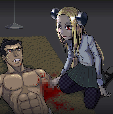 1boy, 1girl, abs, aliasing, amputee, black_hair, black_pantyhose, blonde_hair