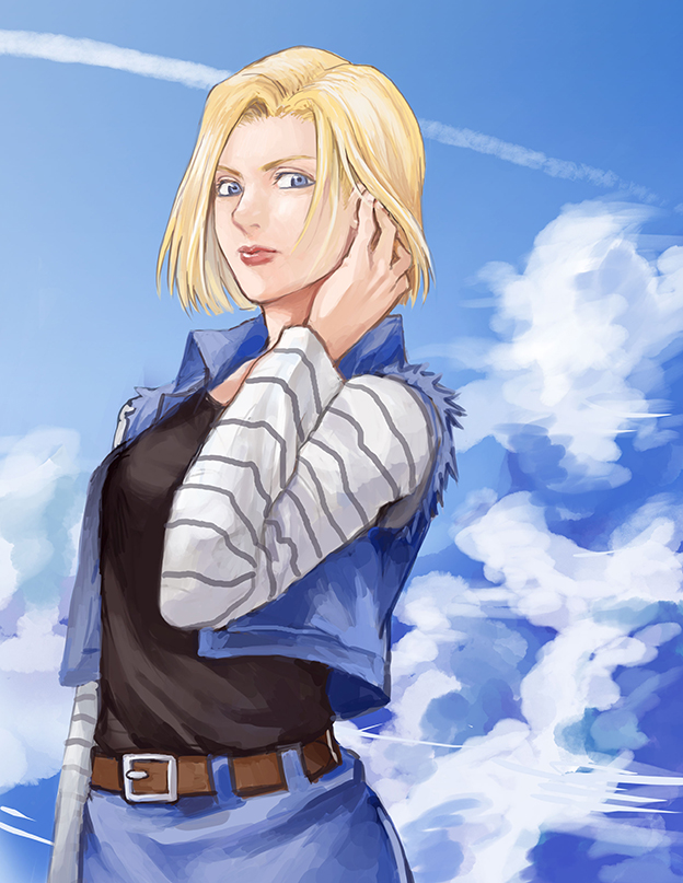 1girl, android_18, blonde_hair, blue_eyes, dragon_ball, dragonball_z, female_focus, qi_(bleachcxn), short_hair, solo, vest