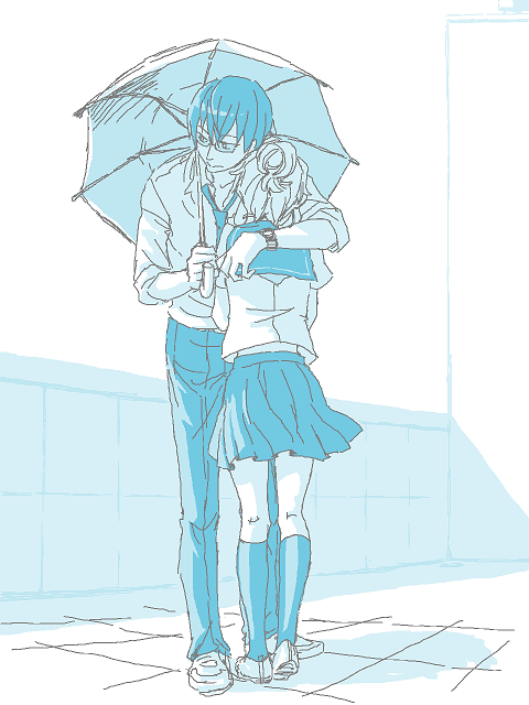 10s, 1boy, 1girl, arm_around_shoulder, blue_theme, couple, glasses, hair_bun