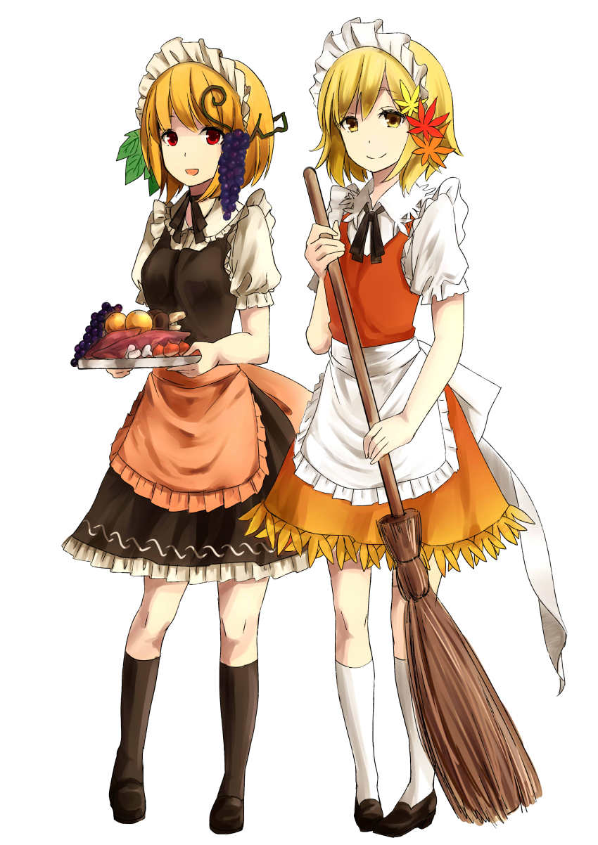 absurdres, aki_minoriko, aki_shizuha, alternate_costume, apron, broom, chestnut, enmaided