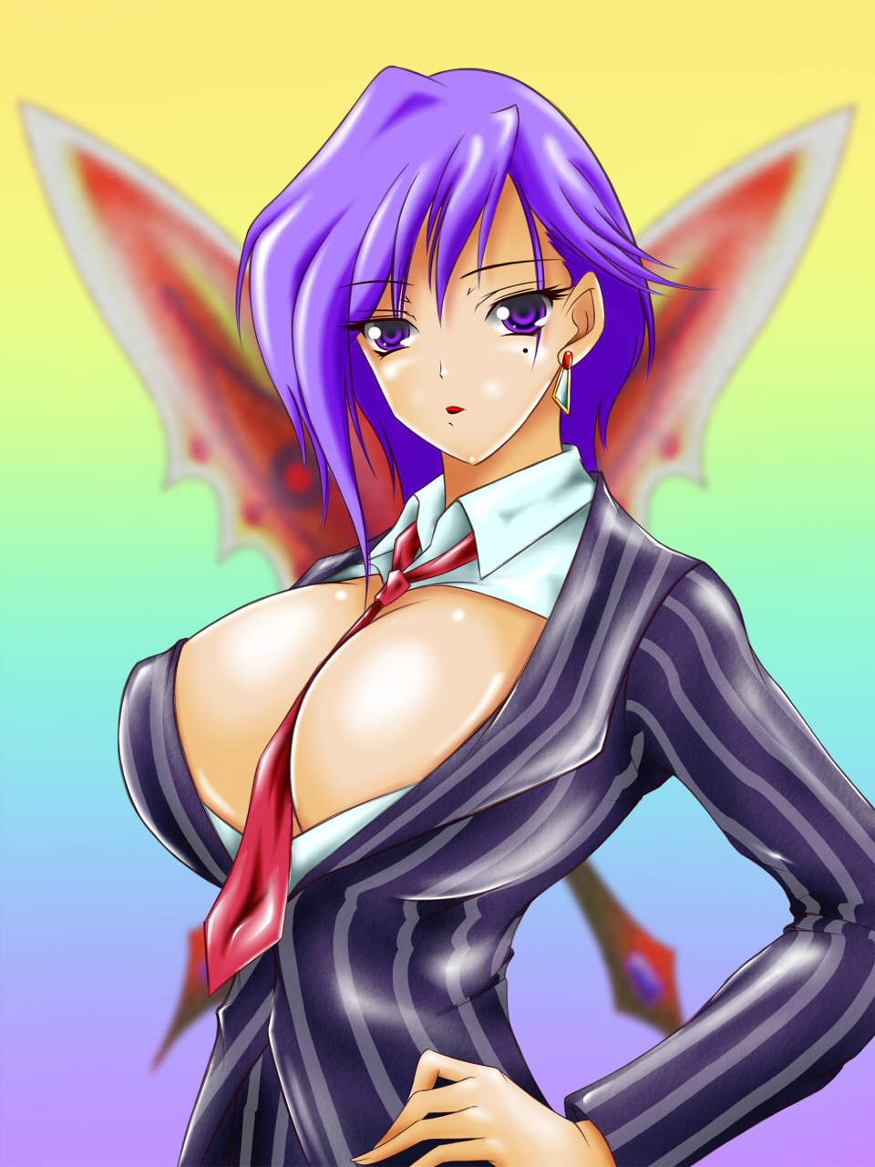 1girl, between_breasts, blade, breasts, cleavage, earrings, female_focus, formal_clothes, hand_on_own_hip, highres, huge_breasts, jewelry, mole, narrow_waist, necktie, necktie_between_breasts, phantom_breaker, pinstripe_pattern, pinstripe_suit, purple_eyes, purple_hair, short_hair, solo, striped, suit, tamaki_(serie-rouge), toujou_ria
