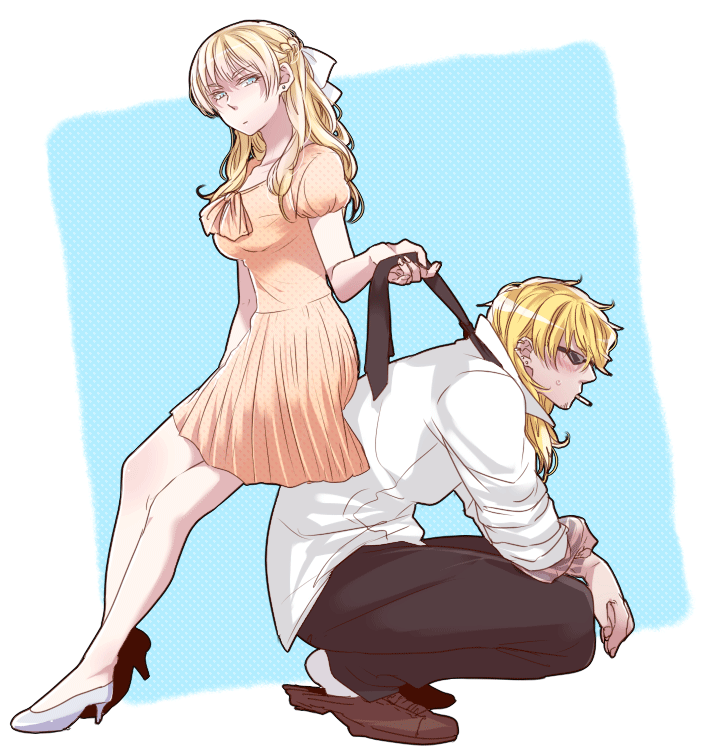 1boy, 1girl, a_will, blonde_hair, blush, cigarette, clothes_grab, facial_hair