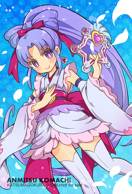 10s, 1girl, alternate_form, blue_background, blush, bow, bow-shaped_hair, cure_fortune