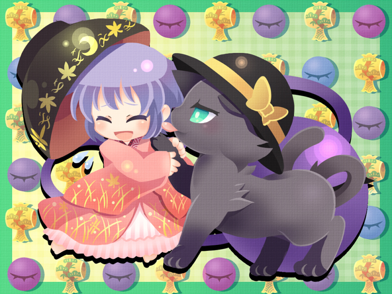 1girl, animalization, black_cat, blush, bowl, bowl_hat, cat, closed_eyes