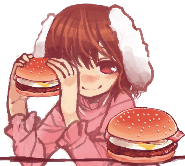 1girl, animal_ears, brown_hair, burger, female_focus, food, holding, inaba_tewi