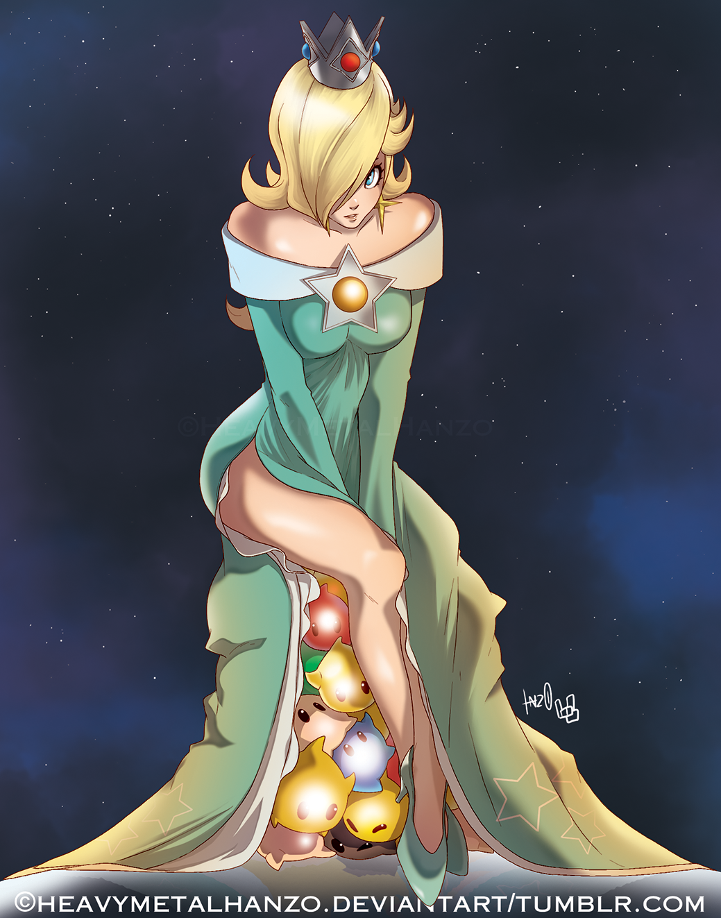 1girl, bare_legs, bare_shoulders, blonde_hair, breasts, crown, dress, earrings, female_focus, hair_over_one_eye, high_heels, highres, jewelry, long_dress, long_hair, long_sleeves, luma_(mario), mario_(series), metalhanzo, nintendo, off-shoulder_dress, off_shoulder, rosalina, side_slit, sitting, solo, star_(symbol), star_earrings, star_symbol_background, super_mario_galaxy, watermark, web_address