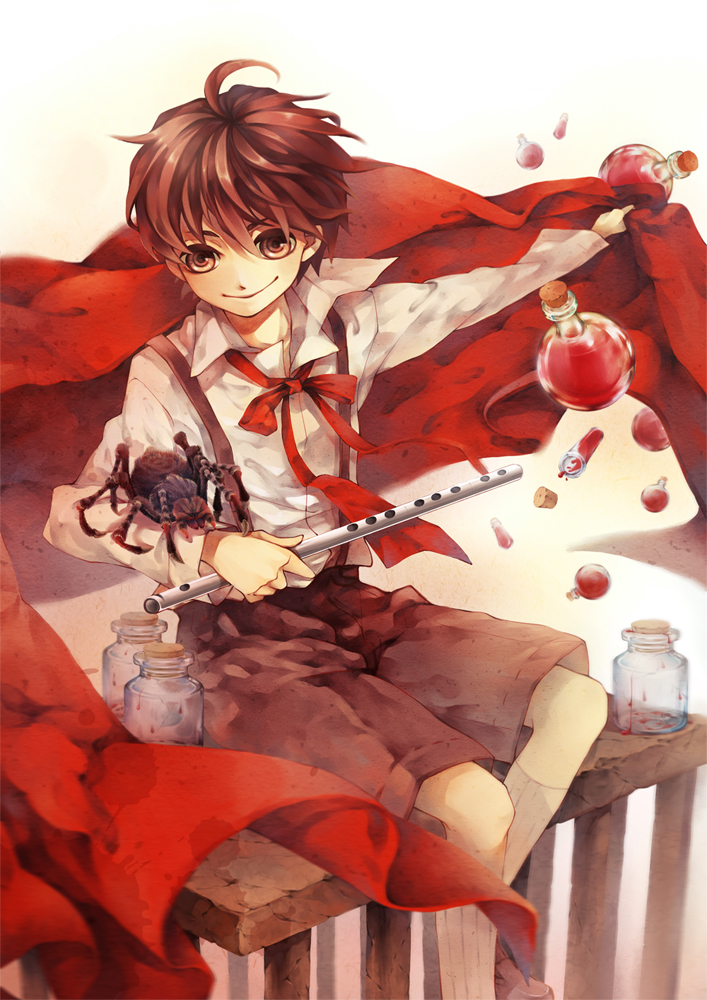 1boy, black_hair, blood, bottle, bow, brown_eyes, bug, cage