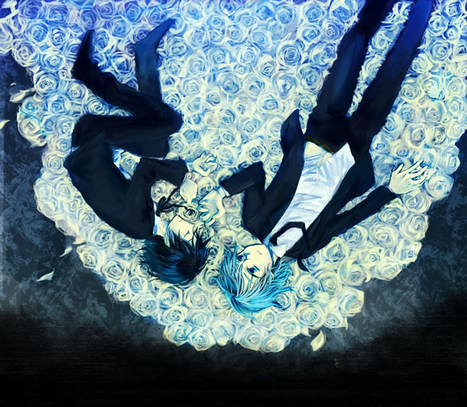 2boys, bed_of_roses, black_hair, blonde_hair, blue_eyes, bow, darren_shan, flower