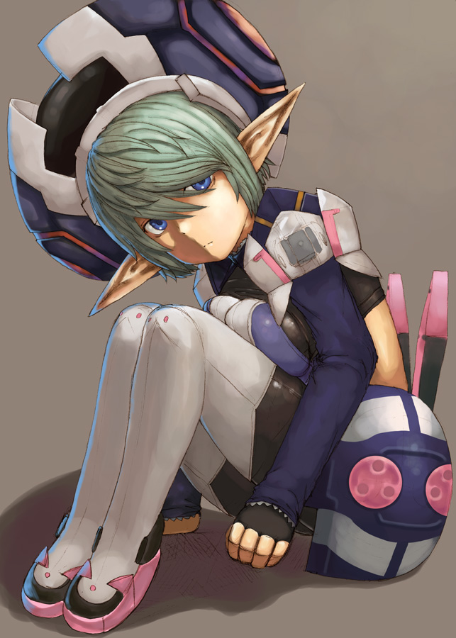 1girl, bad_id, bad_pixiv_id, belko, blue_eyes, green_hair, grey_background, hat