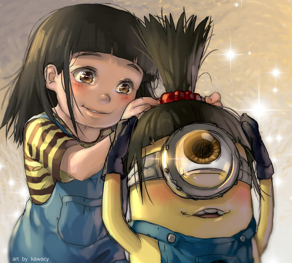 1girl, agnes_(despicable_me), artist_name, black_gloves, black_hair, blush, brown_eyes, colored_skin