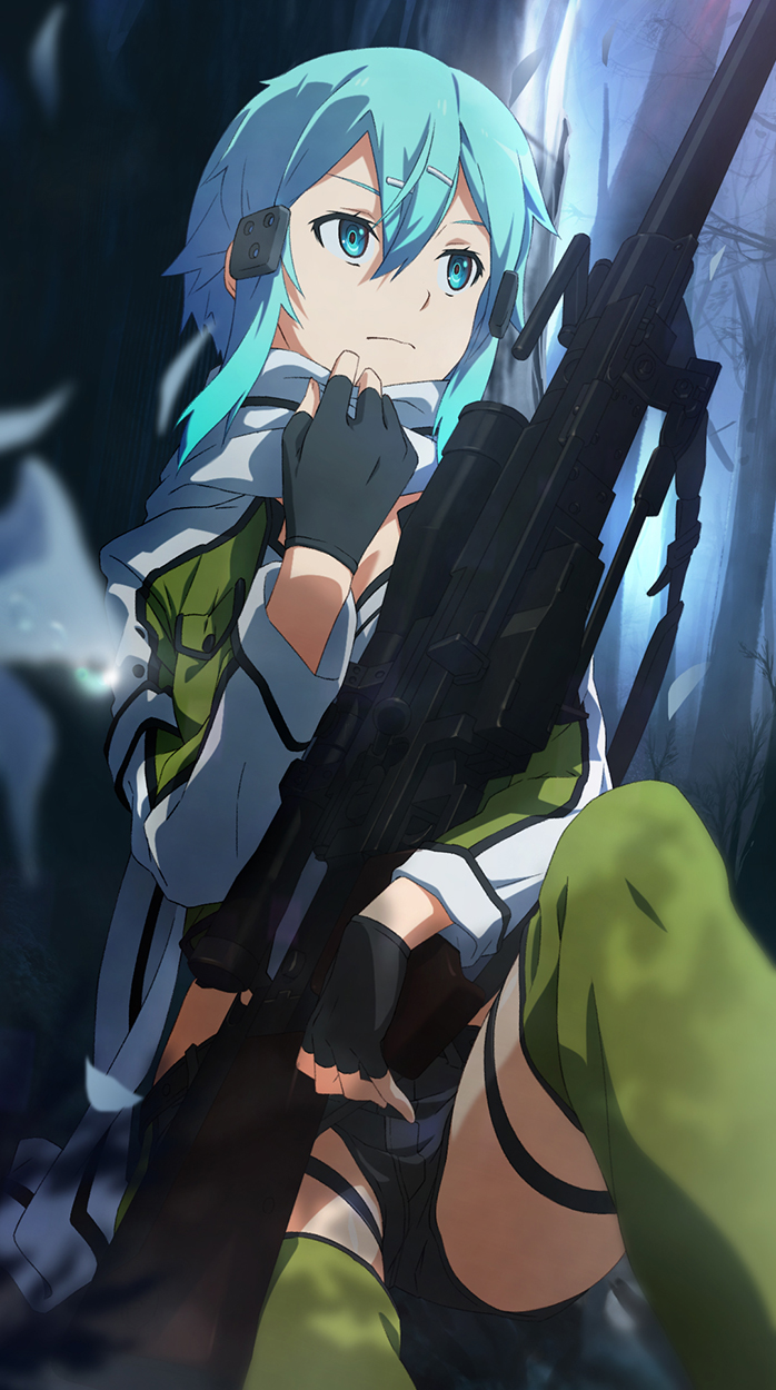 10s, 1girl, anti-materiel_rifle, blue_eyes, blue_hair, bolt_action, female_focus, fingerless_gloves