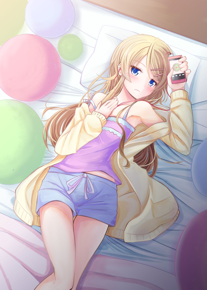 1girl, aoi_usagi_(marinebluerabbit), bed, blonde_hair, blue_eyes, casual, cellphone, earbuds