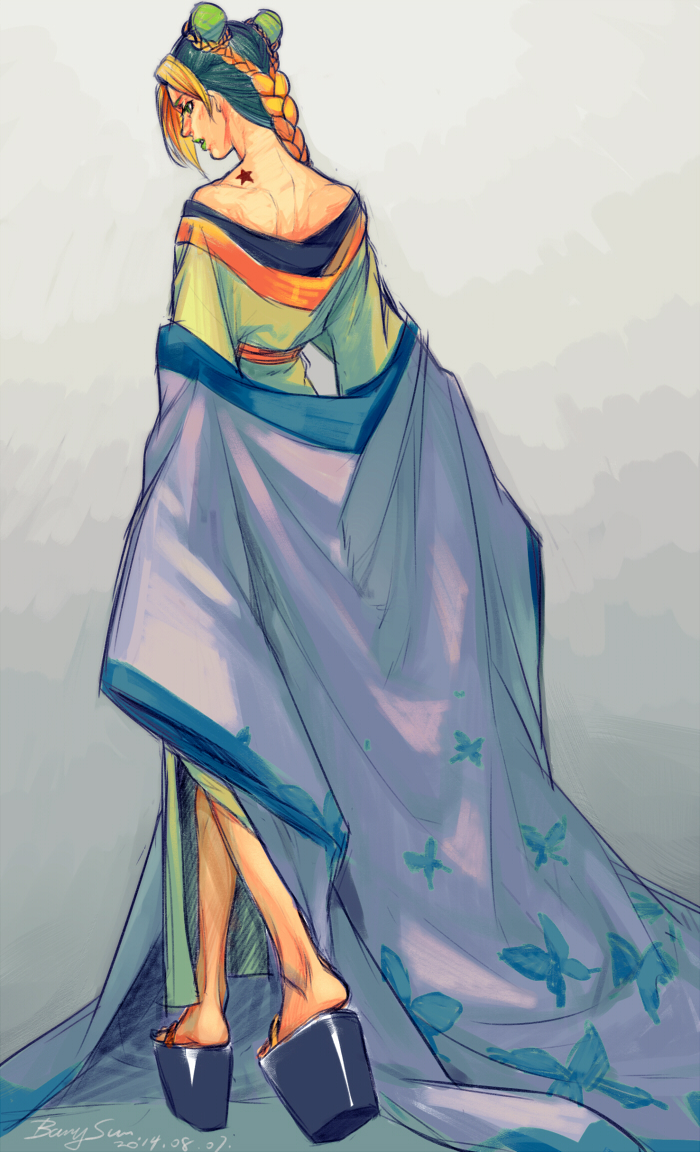 1girl, alternate_costume, banysun, birthmark, black_hair, blonde_hair, braid, double_bun