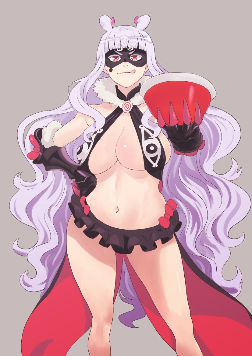 10s, 1girl, :q, alternate_breast_size, blunt_bangs, bowl, breasts, colored_eyelashes, cosplay, domino_mask, eye_mask, female_focus, fur_trim, gauntlets, hand_on_own_hip, hoshimiya_kate, hoshimiya_kate_(cosplay), idolmaster, idolmaster_(classic), large_breasts, light_purple_hair, long_hair, look-alike, mask, microskirt, navel, nekoi_mie, sekai_seifuku:_bouryaku_no_zvezda, shijou_takane, skirt, solo, tongue, tongue_out, venera-sama, venera-sama_(cosplay), very_long_hair