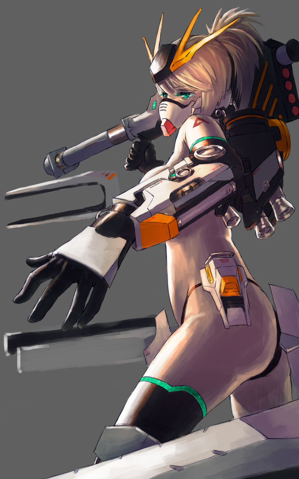 1girl, blonde_hair, breasts, char's_counterattack, convenient_censoring, dan_vanilin, fin_funnels, funnels_(gundam), green_eyes, gundam, highres, long_hair, m1_bazooka, mask, mecha_musume, medium_breasts, mouth_mask, no_bra, nu_gundam, ponytail, rocket_launcher, tattoo, weapon