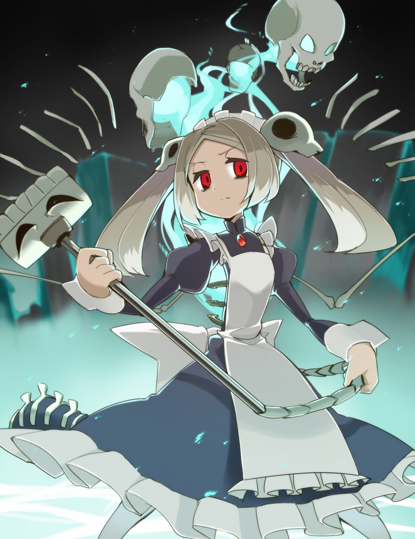 1girl, :/, absurdres, bloody_marie_(skullgirls), blue_fire, bone, female_focus, fire