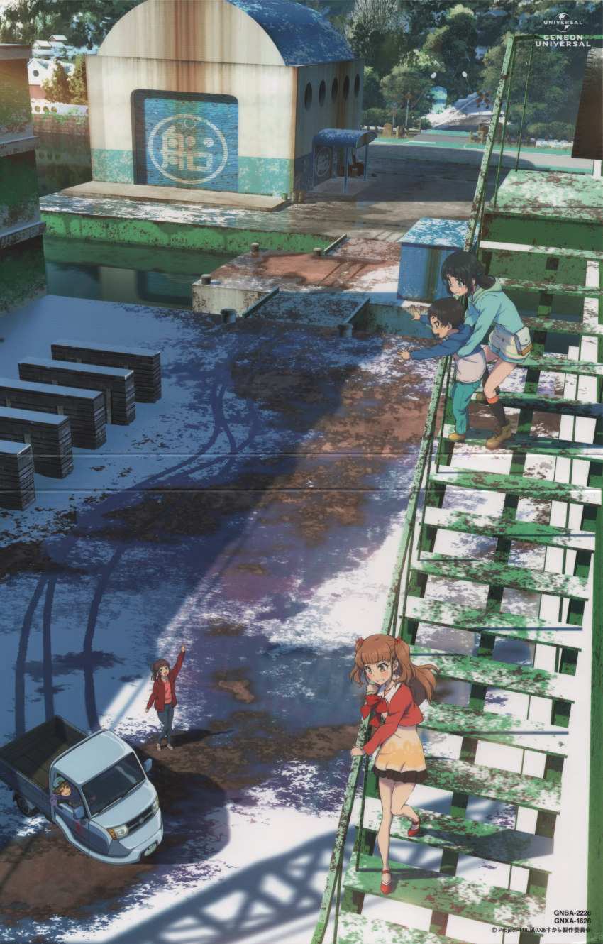 10s, 2boys, 3girls, absurdres, highres, hisanuma_sayu, huge_filesize, motor_vehicle, multiple_boys, multiple_girls, nagi_no_asukara, official_art, pickup_truck, sakishima_akari, sayama_shun, scenery, shiodome_akira, shiodome_miuna, stairs, truck, waving