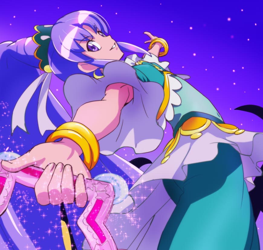 10s, 1girl, alternate_form, arabian_clothes, armpit_peek, bracelet, brooch, cure_fortune, cure_fortune_(pine_arabian), female_focus, fortune_tambourine, happinesscharge_precure!, haruyama_kazunori, heart, heart_brooch, hikawa_iona, jewelry, long_hair, lots_of_jewelry, outstretched_arms, ponytail, precure, purple_eyes, purple_hair, solo, sparkle