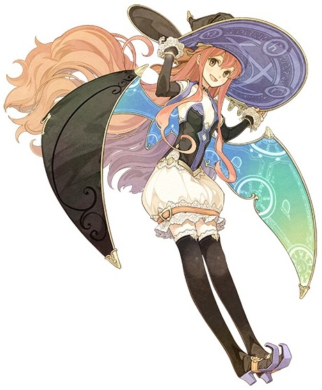 1girl, arm_warmers, atelier_(series), atelier_shallie, black_arm_warmers, black_thighhighs, boots, brown_eyes, bubble_skirt, cape, female_focus, full_body, hat, hidari_(left_side), long_hair, multicolored_wings, official_art, pink_hair, print_headwear, skirt, smile, solo, thigh_boots, thighhighs, very_long_hair, white_background, white_skirt, wilbell_voll-ersleid, wings, witch_hat