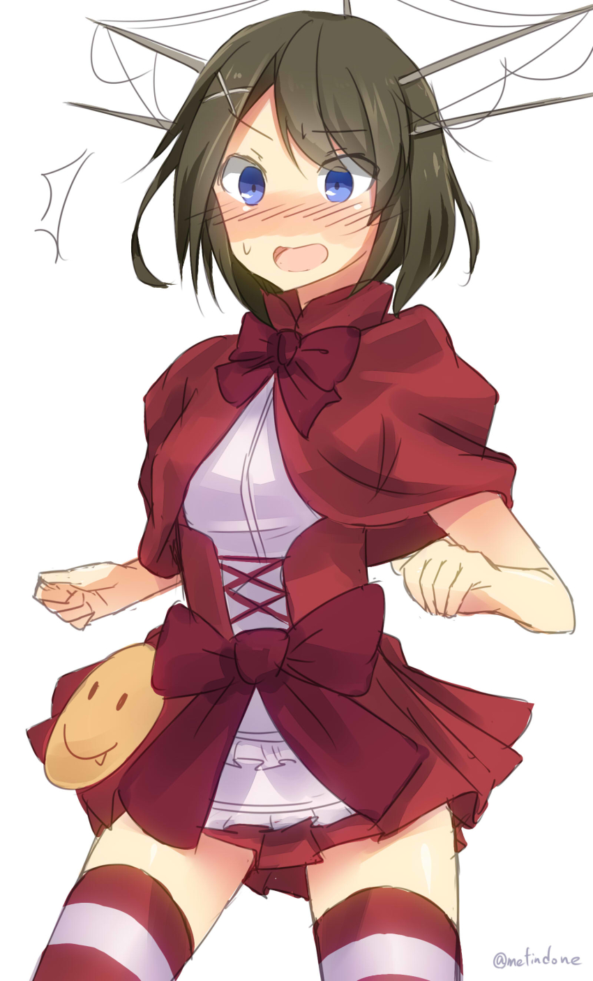 1girl, absurdres, aoki_hagane_no_arpeggio, blue_eyes, blush, brown_hair, cosplay, fang, female_focus, headgear, highres, kantai_collection, maya_(aoki_hagane_no_arpeggio), maya_(aoki_hagane_no_arpeggio)_(cosplay), maya_(kancolle), metindone, name_connection, open_mouth, ribbon, short_hair, smiley_face, solo, striped_clothes, striped_thighhighs, sweatdrop, thighhighs, twitter_username