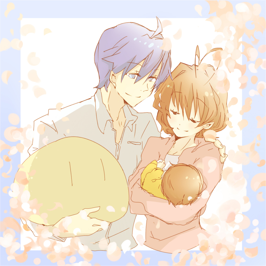 00s, aine_(haibane), baby, blue_hair, brown_hair, clannad, couple, dango_daikazoku
