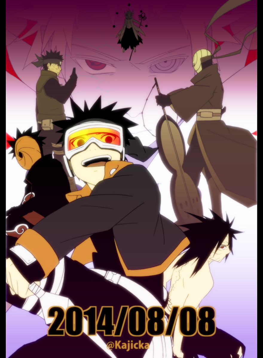 2014, alternate_form, black_hair, dated, gloves, goggles, gunbai, hand_gesture, headband, highres, jacket, juubito, kajicka, kunai, mask, multiple_boys, multiple_persona, naruto_(series), naruto_shippuuden, oversized_object, spiked_hair, topless_male, uchiha_obito, war_fan, weapon