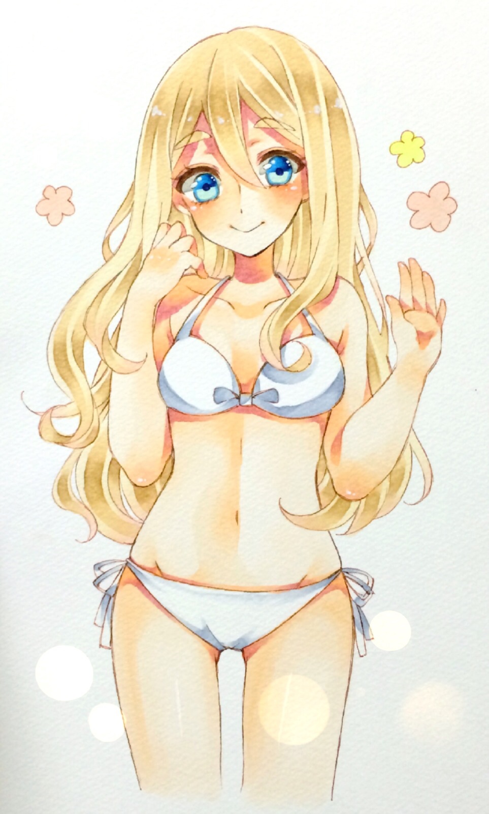 1girl, bad_id, bad_pixiv_id, bikini, blonde_hair, blue_eyes, female_focus, highres, k-on!, kotobuki_tsumugi, long_hair, nidanmepile, solo, standing, swimsuit, white_bikini