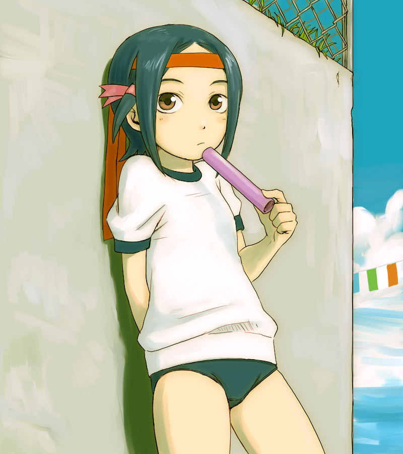 00s, 1girl, arms_behind_back, brown_eyes, buruma, child, female_focus, green_buruma