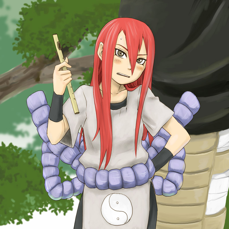 1girl, blush, female_focus, flute, grey_eyes, instrument, long_hair, naotan, naruto_(classic), naruto_(series), red_hair, solo, sweatdrop, tayuya_(naruto), yin_yang