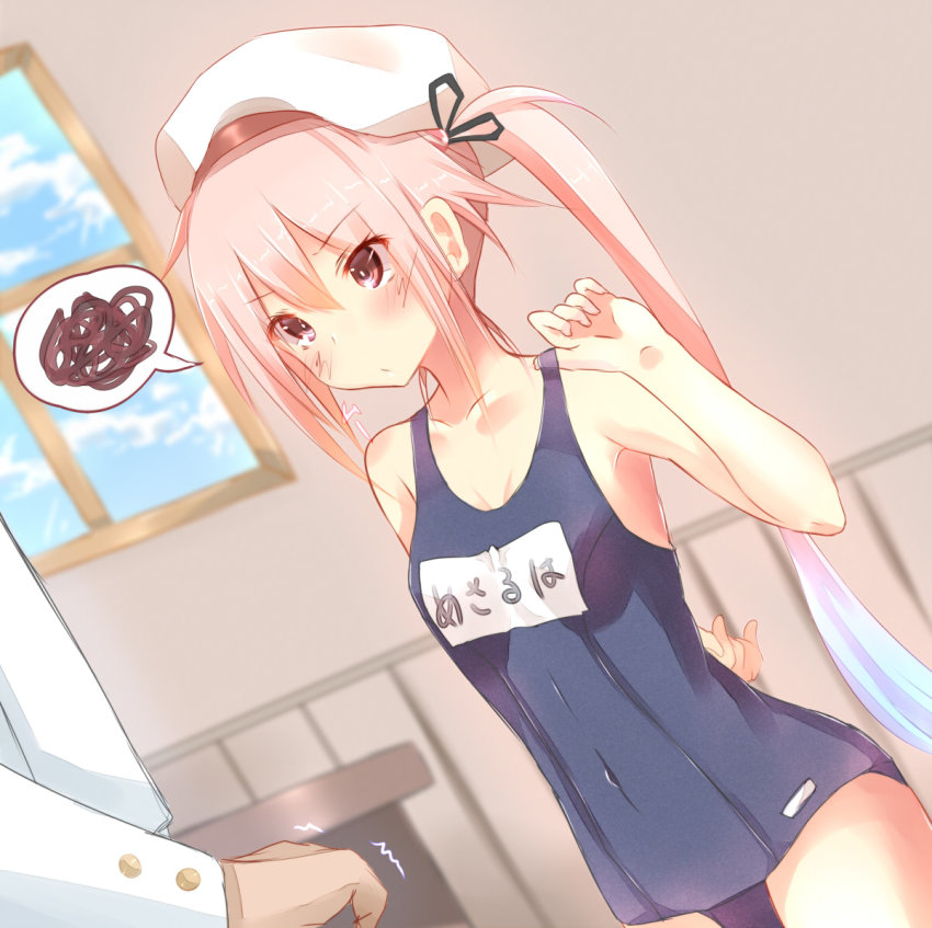 10s, 1boy, 1girl, admiral_(kancolle), atsutoku, bad_id, bad_pixiv_id, beret, blue_hair, blush, collarbone, gradient_hair, harusame_(kancolle), hat, kantai_collection, military, military_uniform, multicolored_hair, name_tag, naval_uniform, one-piece_swimsuit, pink_eyes, pink_hair, school_swimsuit, side_ponytail, solo_focus, spoken_squiggle, squiggle, swimsuit