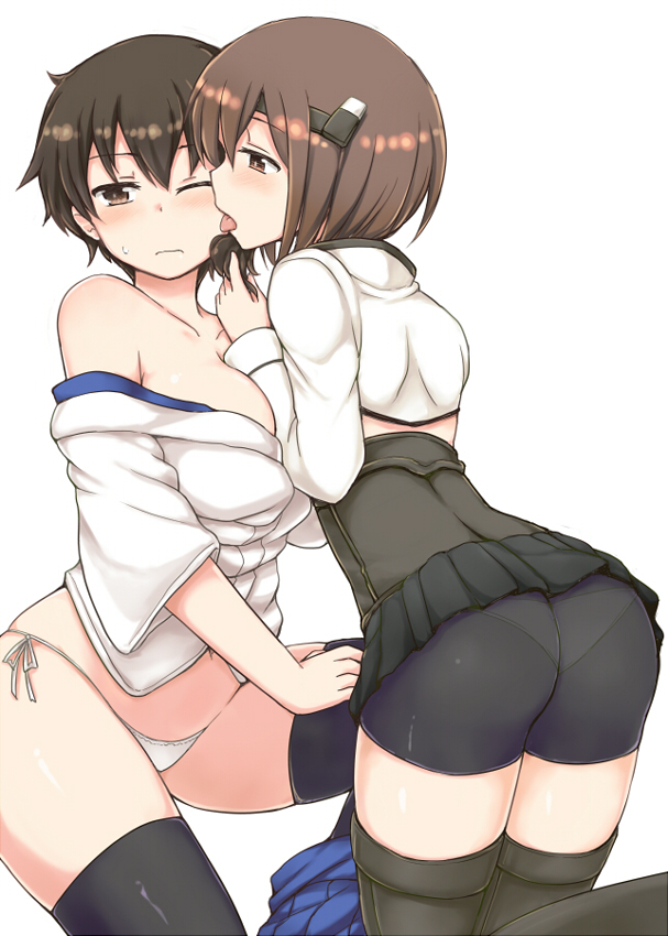10s, 2girls, ass, bare_shoulders, bike_shorts, black_legwear, blush, breasts, brown_eyes, brown_hair, cover, cover_page, headband, japanese_clothes, kaga_(kancolle), kantai_collection, large_breasts, licking, lock_heart_(juuryokudou), multiple_girls, off_shoulder, one_eye_closed, open_mouth, panties, panties_under_bike_shorts, pantylines, short_hair, side-tie_panties, simple_background, skirt, skirt_around_one_leg, taihou_(kancolle), thighhighs, tongue, tongue_out, underwear, white_background, white_panties, yuri