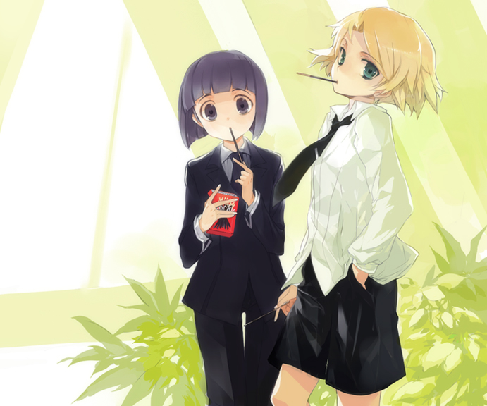 00s, 2boys, androgynous, bad_id, bad_pixiv_id, blonde_hair, child, endou_izuna, food, formal_clothes, green_eyes, kurogane_no_linebarrel, multiple_boys, necktie, ni_(2shi), pant_suit, pants, pocky, purple_eyes, purple_hair, short_hair, shorts, suit, trap, yamashita_satoru