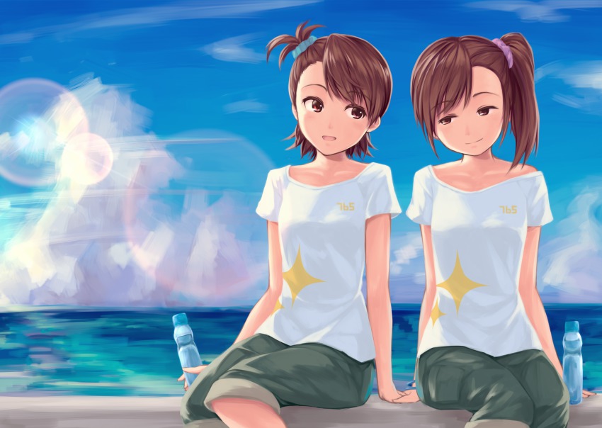 2girls, arm_support, bracelet, brown_eyes, brown_hair, cloud, collarbone, day, futami_ami, futami_mami, holding_hands, highres, idolmaster, idolmaster_(classic), idolmaster_movie, jewelry, lens_flare, light_smile, looking_at_another, matching_outfits, multiple_girls, ocean, open_mouth, ramune, shadow_striker, shirt, short_hair, shorts, shoulder_blades, siblings, side_ponytail, sisters, sitting, sky, smile, t-shirt, white_shirt