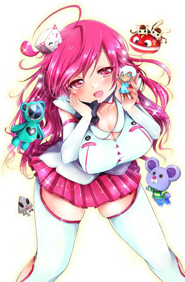 1girl, ahoge, beatmania_iidx, beatstream, bemani, blush, breasts, circle_skirt, cleavage, female_focus, gitadora, kamiya_zuzu, long_hair, looking_at_viewer, mimi_(pop'n_music), nyami_(pop'n_music), open_mouth, otobear, pastel-kun, pink_eyes, pink_hair, pop'n_music, pop-kun, rasis, reflec_beat, small_breasts, smile, solo, sound_voltex, sound_voltex_ii_infinite_infection, tran_(character)