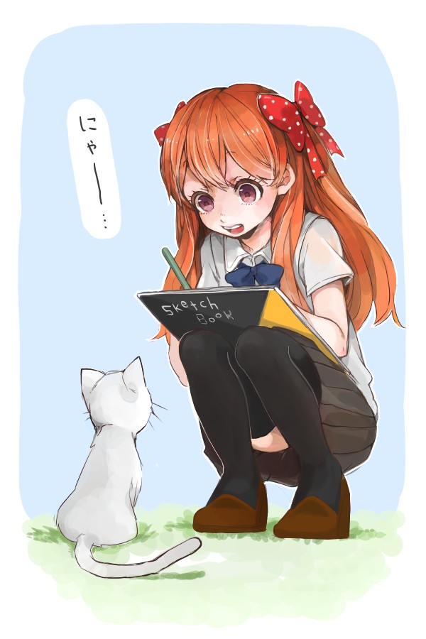 10s, 1girl, bad_id, bad_pixiv_id, bow, cat, drawing, female_focus