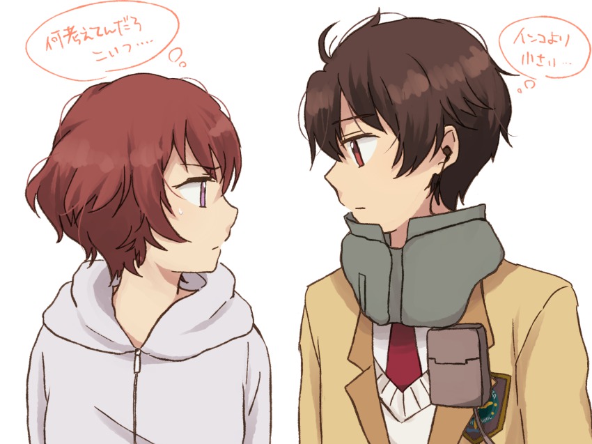 10s, 1boy, 1girl, aldnoah.zero, brown_eyes, brown_hair, earphones, expressionless