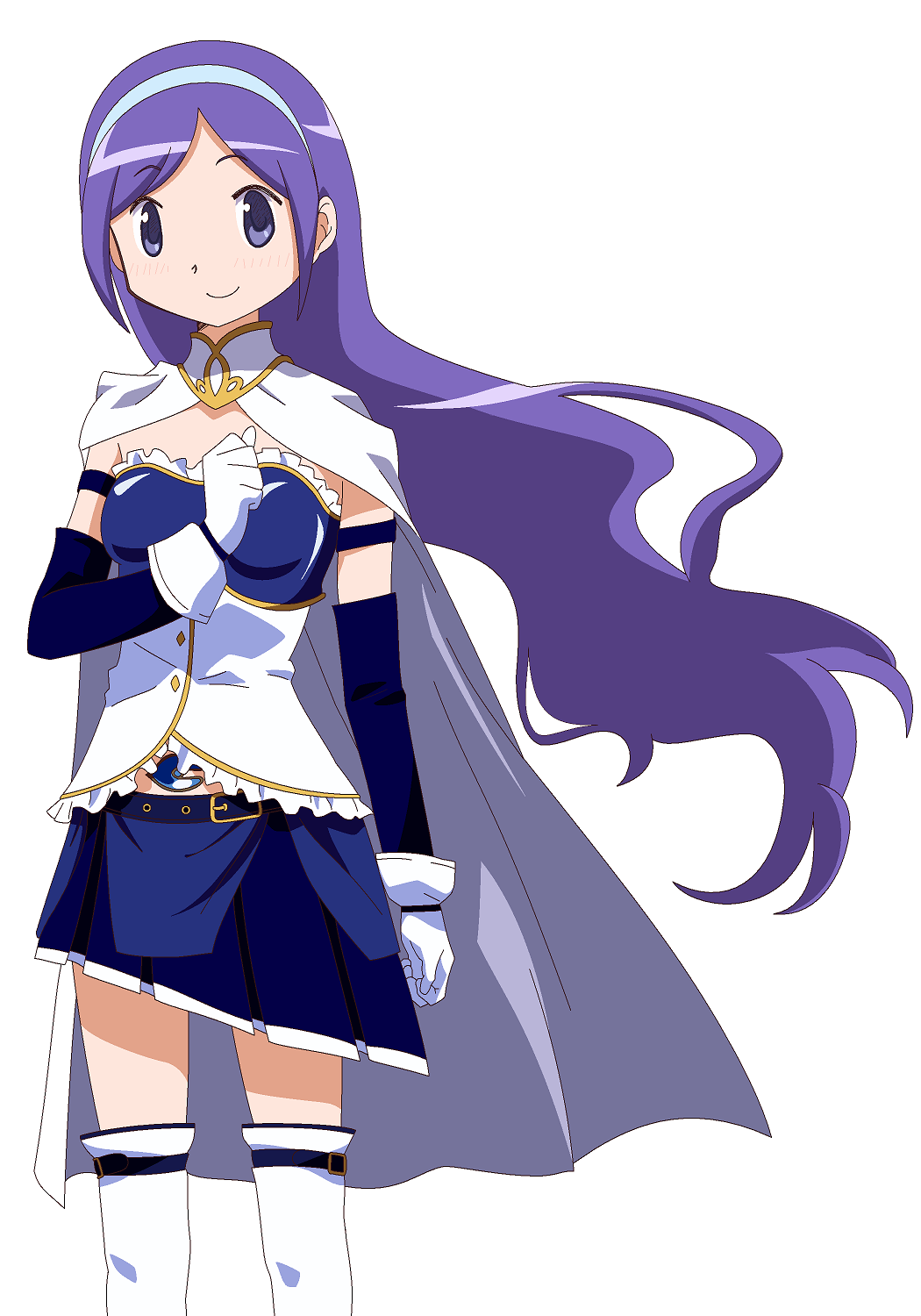 1girl, aono_miki, belt, blue_skirt, blush, boots, cape, cosplay
