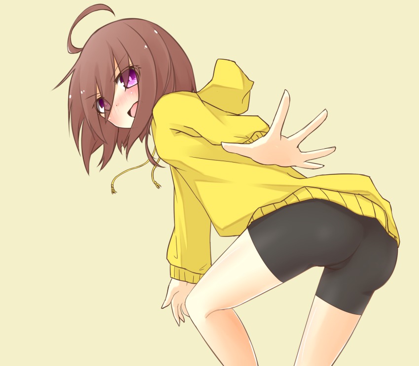 1girl, ahoge, ass, bad_id, bad_pixiv_id, bike_shorts, blush, breasts, brown_hair, female_focus, french-bread, highres, hood, hood_down, hoodie, leaning, leaning_forward, linne_(under_night_in-birth), mei_mu, open_mouth, outstretched_arm, outstretched_hand, petite, purple_eyes, red_eyes, short_hair, sideboob, solo, under_night_in-birth