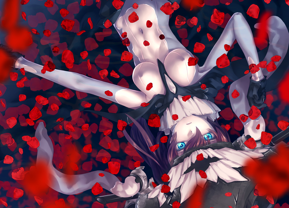 1girl, abyssal_ship, black_gloves, blue_eyes, blurry, bodysuit, breasts, brown_hair