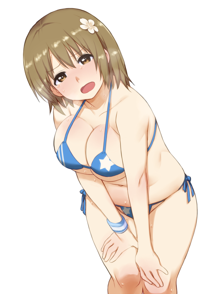 10s, 1girl, bad_id, bad_pixiv_id, bikini, blue_bikini, breasts, brown_eyes