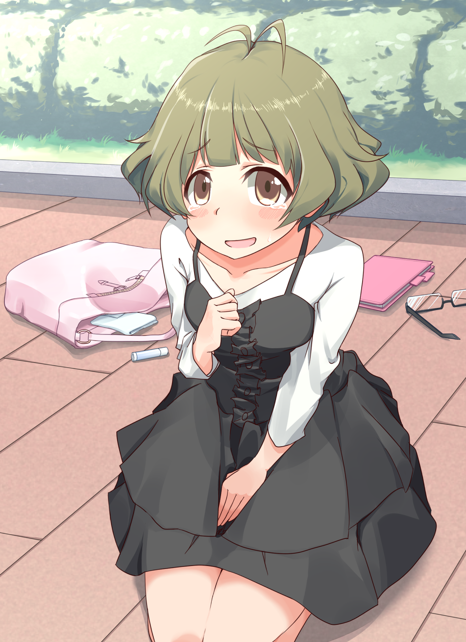 00s, 1boy, akizuki_ryo, bag, blush, brown_hair, crossdressing, crossdressing_(mtf), crying, crying_with_eyes_open, dress, ekusiregaia, glasses, handbag, highres, idolmaster, idolmaster_dearly_stars, kneeling, male_focus, open_mouth, outdoors, solo, tears, trap, unworn_eyewear
