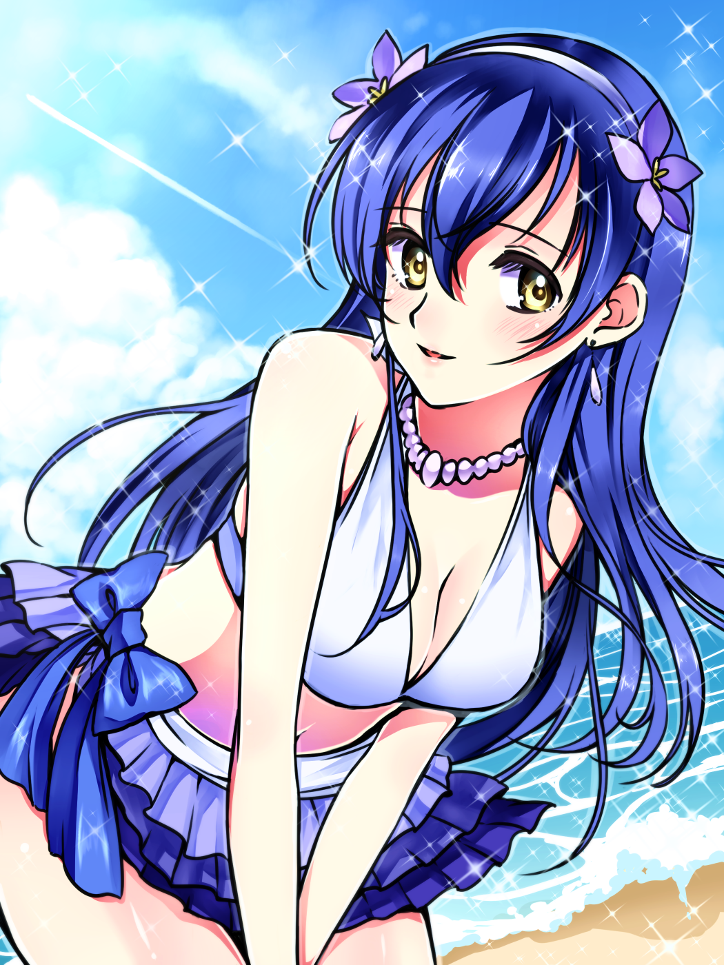 10s, 1girl, bajinappo, beach, bikini, bikini_skirt, blue_bikini, blue_hair