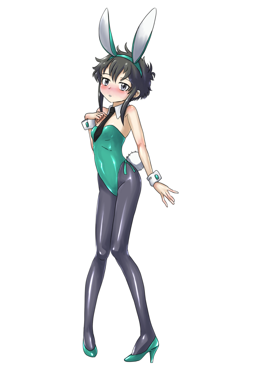 10s, 1girl, animal_ears, black_hair, black_necktie, blush, detached_collar, fake_animal_ears, green_eyes, high_heels, highres, karasuke_d, kitayama_shizuku, mahouka_koukou_no_rettousei, necktie, pantyhose, playboy_bunny, rabbit_ears, rabbit_tail, shiny_clothes, short_hair, tail, wrist_cuffs