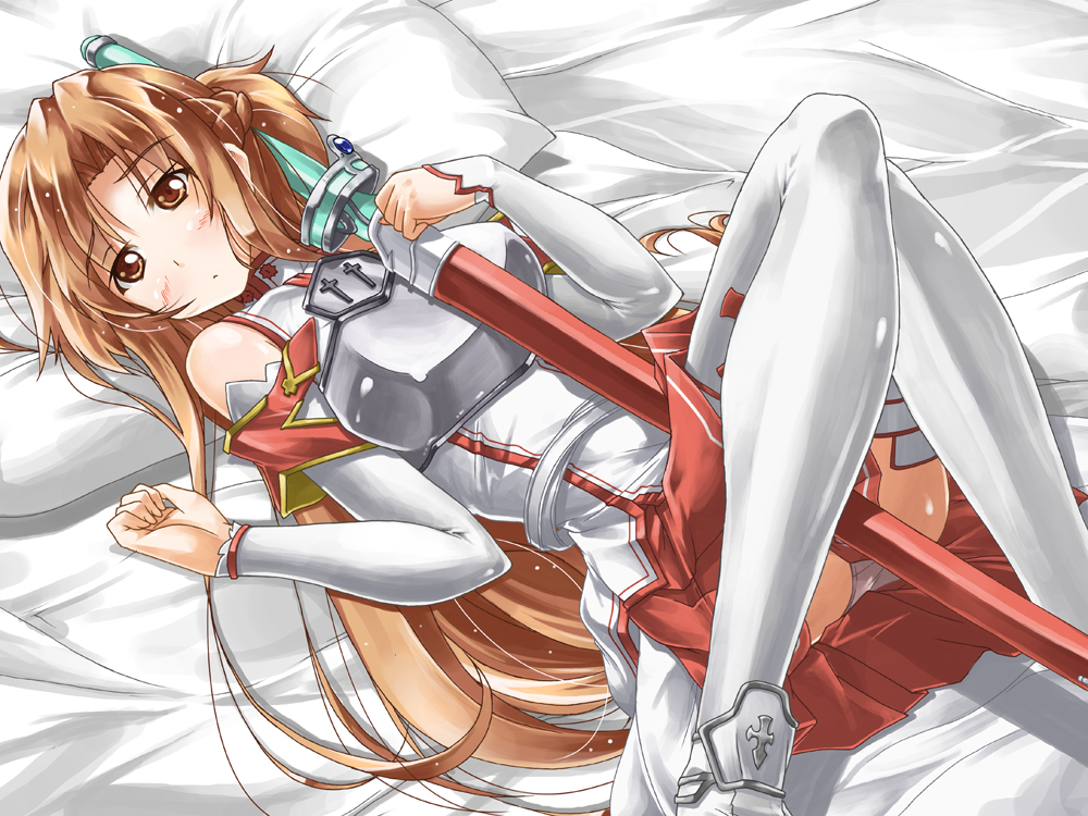 10s, 1girl, asuna_(sao), brown_eyes, brown_hair, long_hair, long_legs, lying, on_back, panties, pantyshot, setomi_sora, setoumi_sora, sword, sword_art_online, thighhighs, underwear, weapon