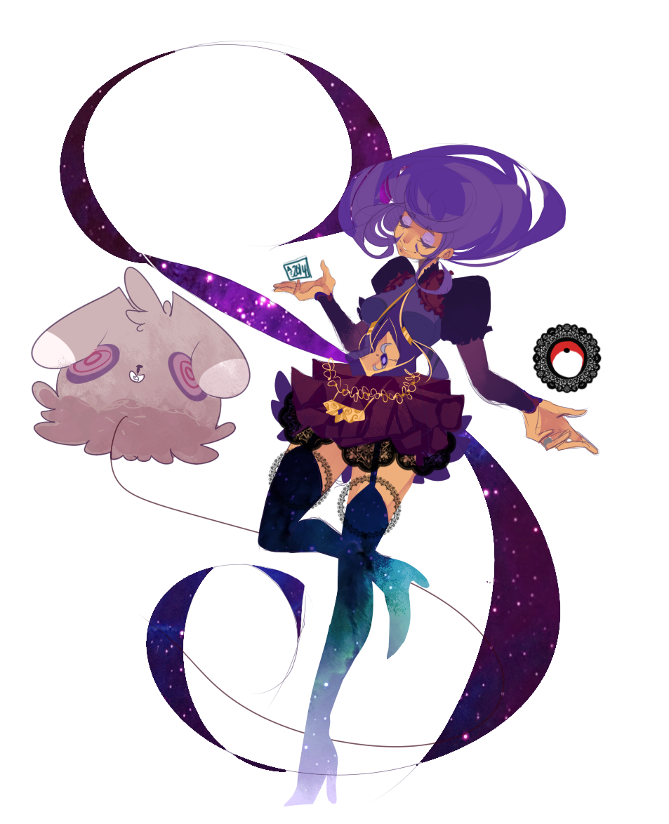 10s, 1girl, @_@, alternate_costume, azubelle, boots, breasts, closed_eyes, dark-skinned_female, dark_skin, espurr, eyeshadow, female_focus, frilled_skirt, frills, full_body, garter_straps, gen_6_pokemon, gym_leader, long_hair, magical_girl, makeup, nintendo, olympia_(pokemon), poke_ball, pokemon, pokemon_(creature), pokemon_x_and_y, purple_hair, skirt, small_breasts, smile, solo, star_(symbol), star_print, thigh_boots, thighhighs, transparent_background