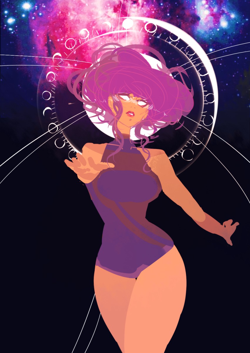 10s, 1girl, azubelle, bare_shoulders, dark-skinned_female, dark_skin, female_focus, glowing, glowing_eyes, gym_leader, halterneck, highres, leotard, lips, long_hair, nintendo, no_pupils, olympia_(pokemon), outstretched_hand, pokemon, pokemon_x_and_y, purple_hair, solid_eyes, solo, space, white_eyes