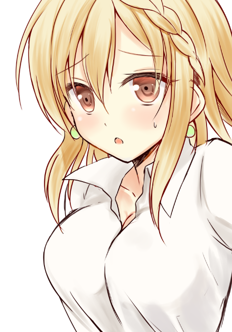 1girl, bad_id, bad_pixiv_id, blonde_hair, blush, breasts, cleavage, dan_ball