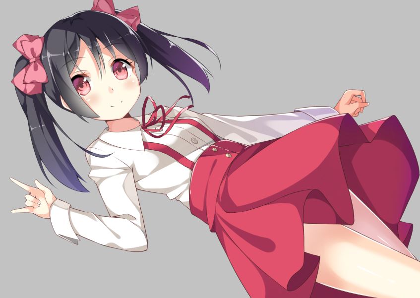 10s, 1girl, black_hair, blush, bow, female_focus, grey_background, hair_bow